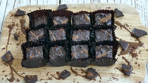 Delicious Chocolate Brownies Arranged on Wooden Board