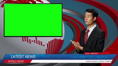 Live News Studio With Asian Male Anchor Reporting On A Story, Uses Green Chroma Key Screen