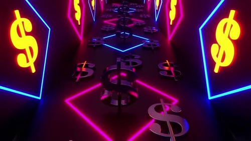 Futuristic Neon Dollar Signs Moving Through a Tunnel