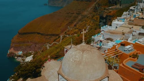 Establishing Wide Angle Shot of a Traditional Cycladic Village and the Aegean Mediterranean Sea