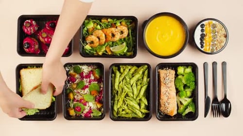 Food Delivery Top View Take Away Meals in Disposable Containers