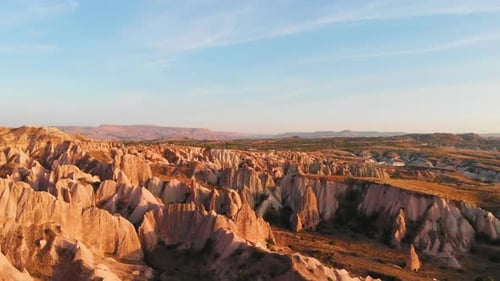 Cappadocia Aerial Drone View to Sunset Red and Rose Valley Rocks Goreme Turkey