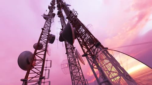 Antenna complex during sundown. Radio communication broadcasting transmitter.