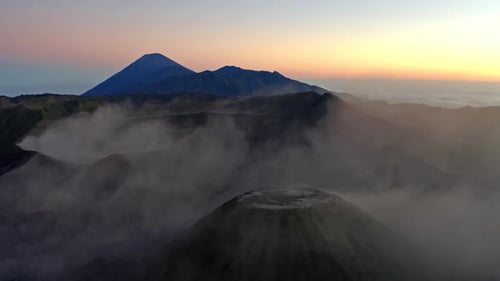 Aerial view of Mount Bromo at sunrise. Tourist attractions in east Java from viewpoint, Indonesia.