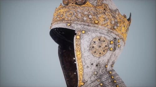 Detailed Ornate Royal Helmet Slowly Rotating on Light Background