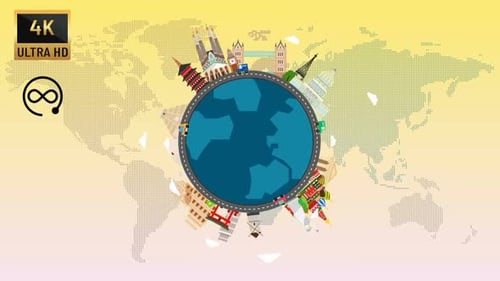 Animated Flat Design Global Travel Map with Landmarks