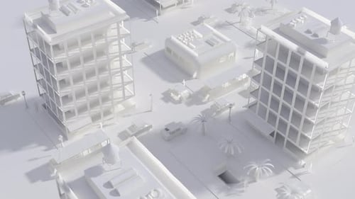 City Life - Edificio en miniatura con movimiento de personas y autobús logístico