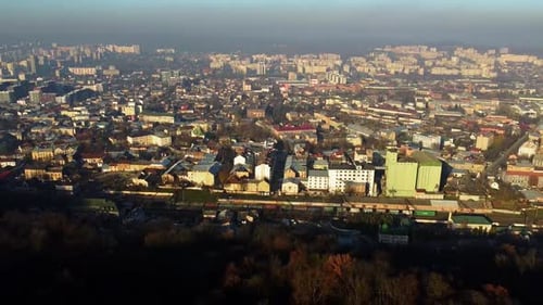 Aerial view of a drone flying over the city