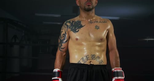 Sweaty Boxer in Boxing Ring Wearing Red Gloves