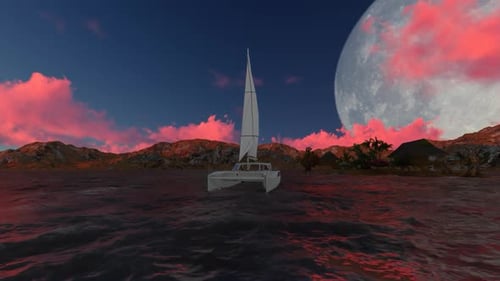 Sailboat on Ocean Under Large Surreal Moon with Pink Clouds