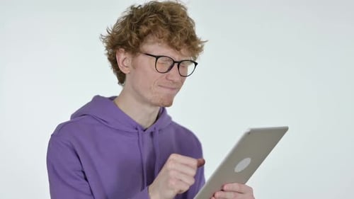 Young Adult Using Tablet on White Background