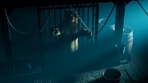 Animated Teddy Bear in Cage with Dramatic Lighting