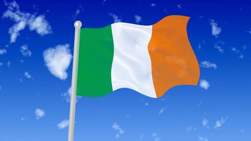 Irish National Flag Waving in Blue Sky with Clouds