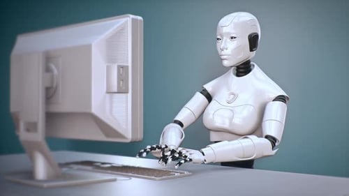 Robot con inteligencia artificial y aprendizaje automático utiliza la computadora 01