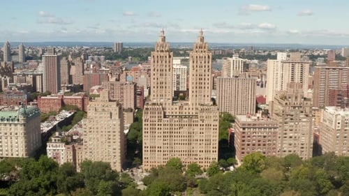 Flight Along Beautiful New York City Street at Central Park on Sunny Summer Day