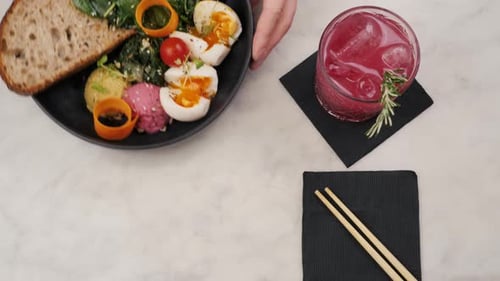 Healthy Eating, Dieting and People Concept - Close Up Breakfast Brunch Eggs Vegetable Salad