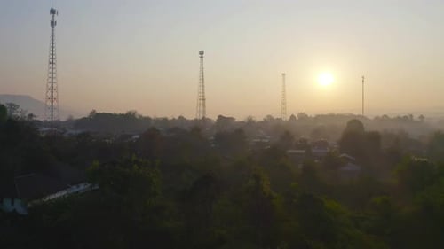 Aerial view of high voltage poles. Power lines on utility tower and cable wires in energy electric