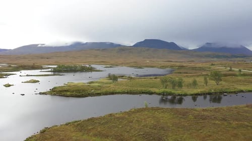 Aerial view of lakes and green landscape in Scotland
