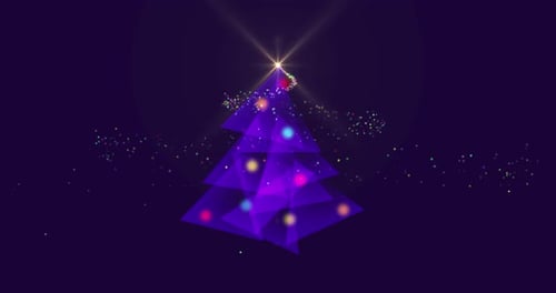 Animation of a glowing purple Christmas tree and Christmas decorations on purple background