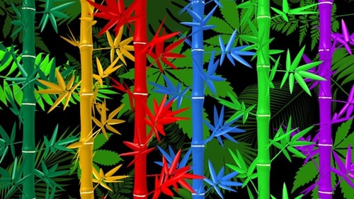 Vibrant Rainbow Bamboo Stems with Jungle Leaves Background Loop