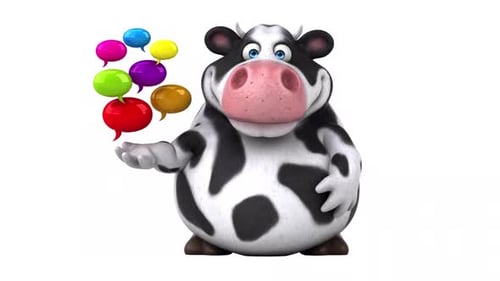 Animated 3D Cartoon Cow Character With Speech Bubbles