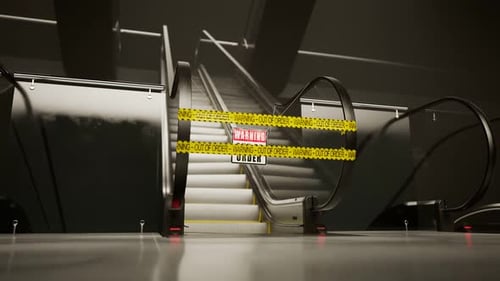 Broken escalator with caution yellow tape and warning sign. Out of order.