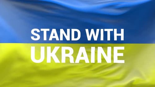 Ständer mit Ukraine-Schild auf der Flagge der Ukraine