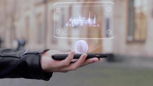 Male Hands Show HUD Hologram Modern City