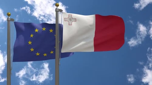 European Union and Malta Flags Waving Realistically in Wind