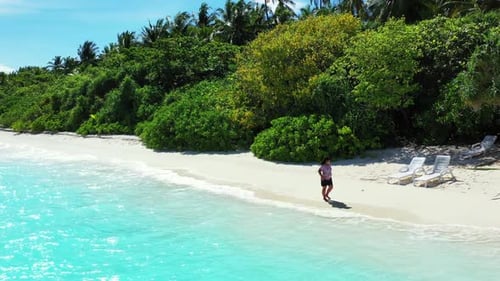 One girl enjoys life on luxury seashore beach journey by clear ocean and white sand background of th