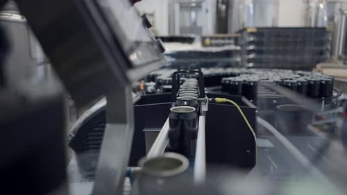 Empty Aluminum Beer Cans Moving Along The Conveyor Belt Close Up