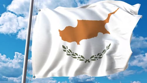 Cyprus Flag Waving in Wind Against Blue Sky