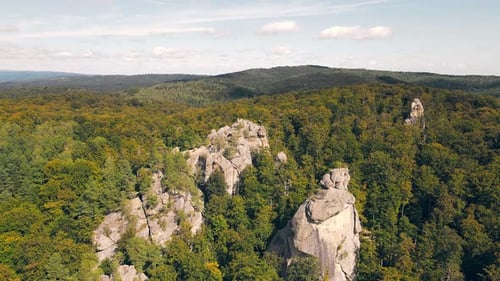 Luftflug über eine wunderschöne Landschaft aus felsigen Bergen und Wäldern. Nationalpark aus großer Höhe