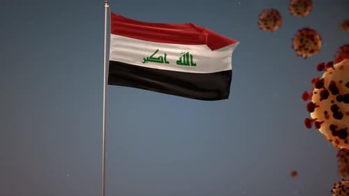 Iraq Flag Waving and Coronavirus Cells Floating Animation