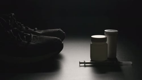 Dope : récipients en plastique, seringues et chaussures de sport