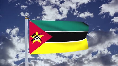 Mozambique Flag Waving in Realistic Cloudy Sky