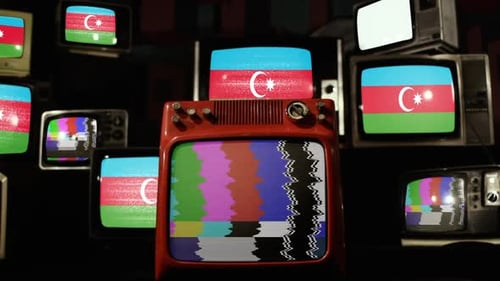 Vintage Televisions Displaying Azerbaijan Flag and Static