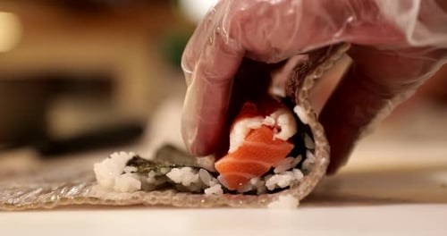 Sushi Salmon Roll Preparation Close Up