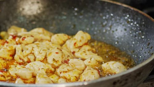 Slow motion of chicken meat fried in a pan with sauce