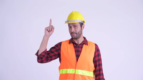 Man in Hardhat With Idea Pointing Upward
