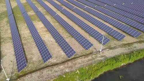 Aerial view of solar power plant, Electric panels for producing clean ecologic energy