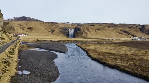 Aerial View of Skogafoss Waterfall and the Valley Iceland
