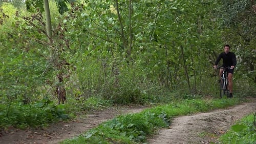 A Cyclist Rides Down a Path Through a Forest - Front View