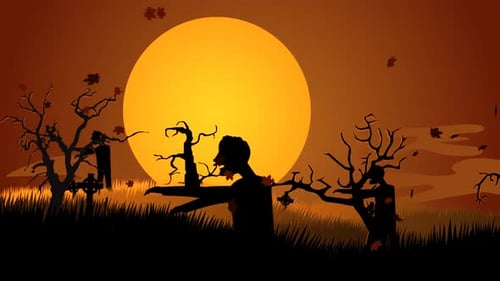 Zombie walking on the haunted, graveyard with dark silhouettes of spooky trees