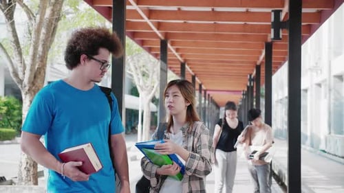 Group of diverse attractive casual students walking and talking on walkway of university