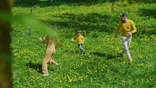 Family Chasing Each Other in Flower Field
