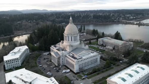 Slow aerial orbit of the Washington State Capitol campus and surrounding area
