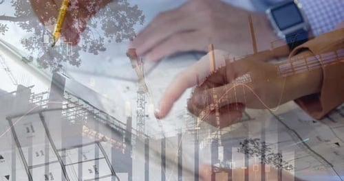 Different graphs, hands drawing and holding a tablet, and a building in construction