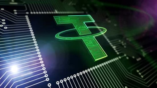 Tether Cryptocurrency Symbol on Futuristic Circuit Board Background