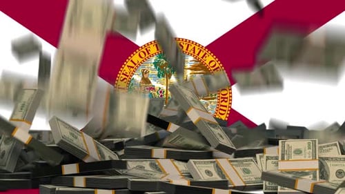 US Dollars Falling in front of Florida State Flag